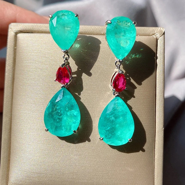 PENDIENTES PRECIOSOS DE PARAIBA TURMALINA Y RUBI ROSA EN PLATA RODIADA