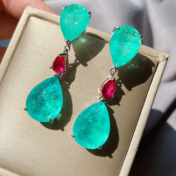 PENDIENTES PRECIOSOS DE PARAIBA TURMALINA Y RUBI ROSA EN PLATA RODIADA